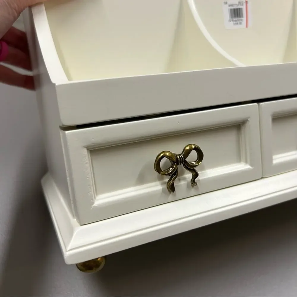 LoveShackFancy Regency Beauty Organizer White Gold Bow 3 Drawers Makeup Holder